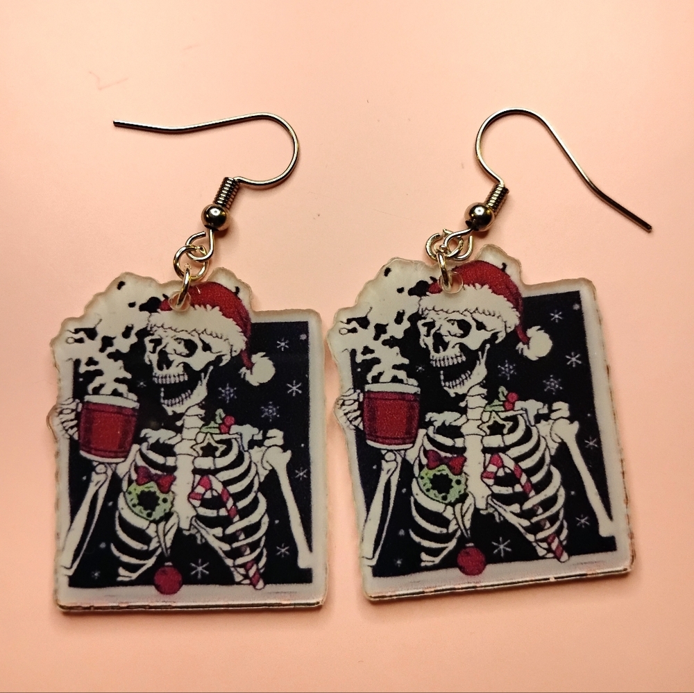 Christmas Skeleton Earrings 18k Gold Plated French Hooks